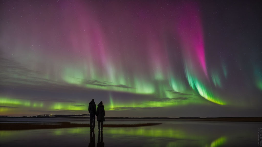 Aurora display with green and pink colors over calm water