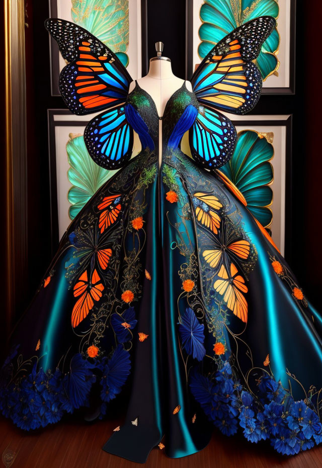 Colorful Butterfly Wing Design Dress with Blue to Orange Gradient and Floral Embellishments on Mannequin