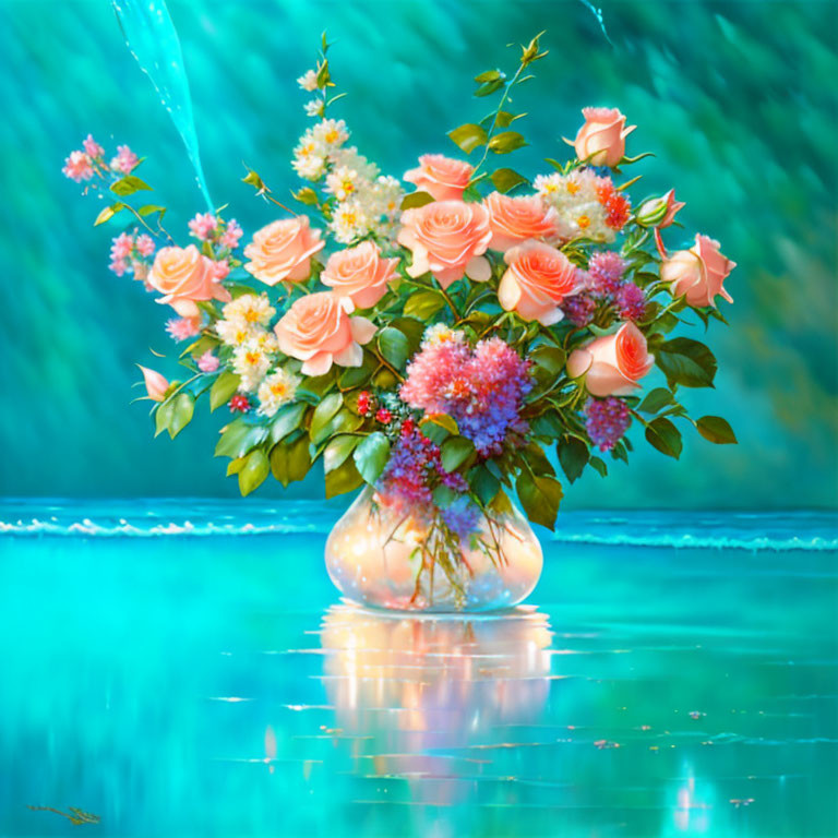 Colorful Flower Bouquet on Turquoise Surface with Wavy Background