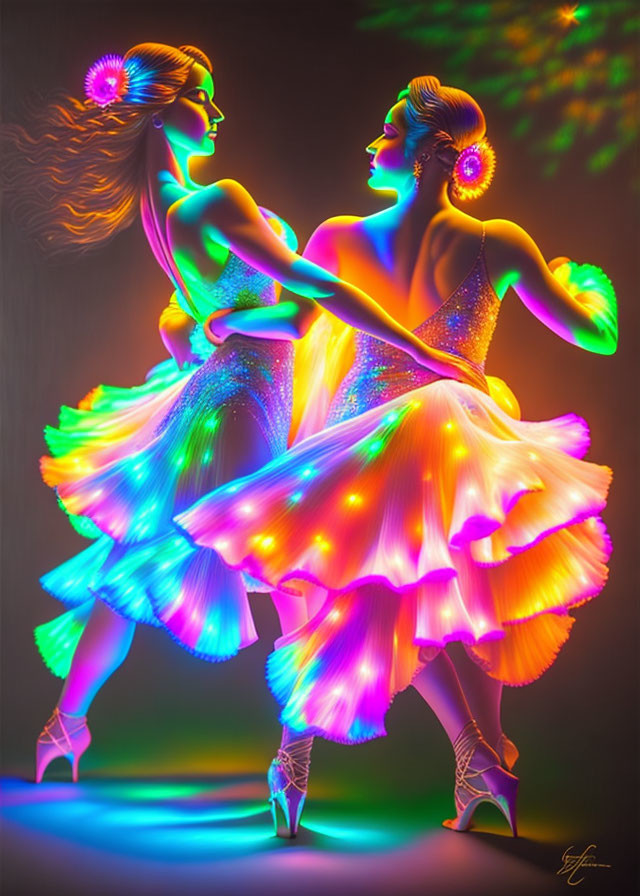 Colorful illuminated dancers in dynamic pose with lighting effects