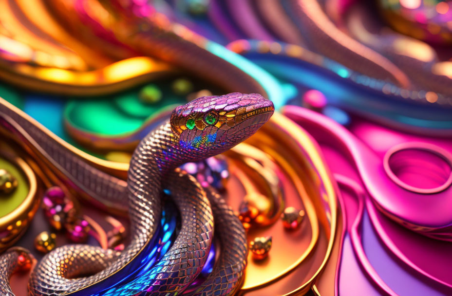 Vibrant metallic snake with abstract shapes and spheres in iridescent finish