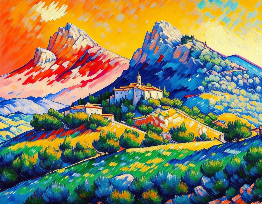 Colorful Mountain Landscape Painting with Monastery and Bold Brush Strokes