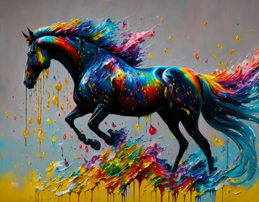 Colorful Horse Painting with Dripping Rainbow Colors on Gray Background