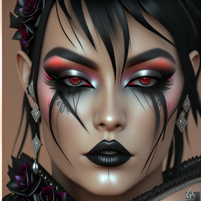 Stylized female avatar with dramatic red and black makeup and floral accessories