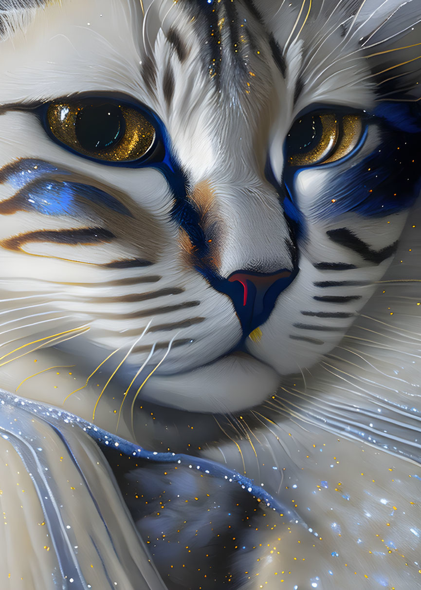 Close-Up Digital Artwork: Blue & White Cat with Golden Eyes on Starry Background