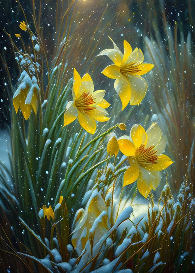 Winter Scene with Yellow Flowers Blooming in Snowfall