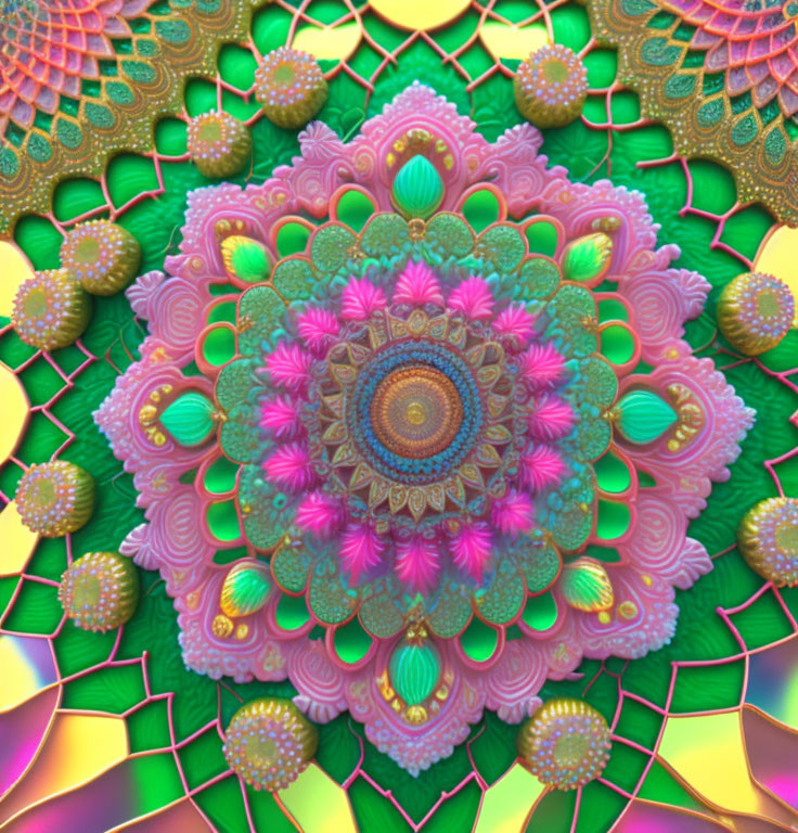 Colorful Mandala Fractal Art with Pink, Green, and Gold Layers