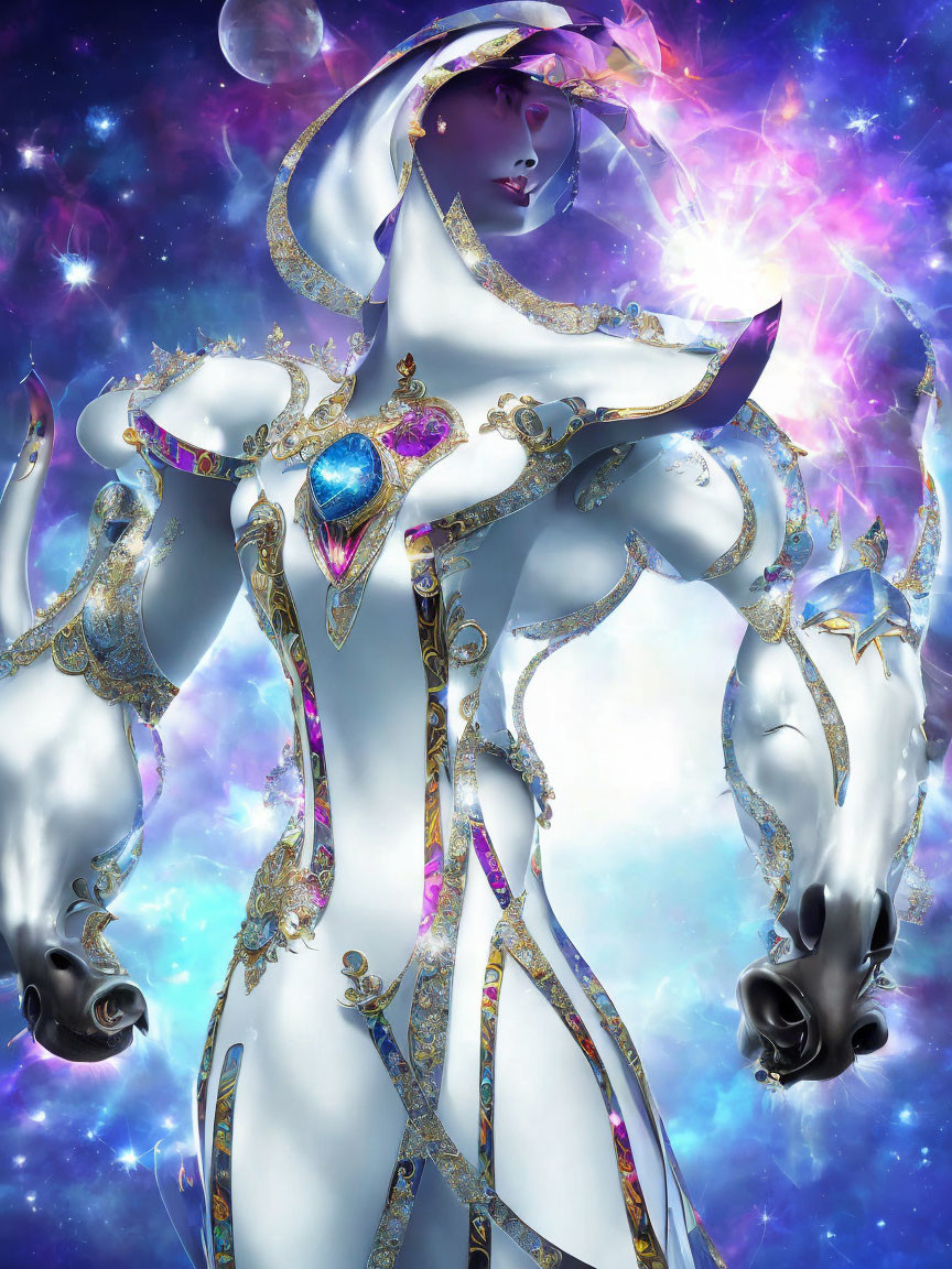 Ornate white and gold armored figure against cosmic purple starry background