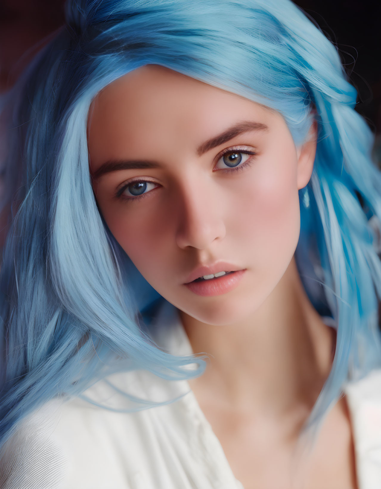 Portrait of person with bright blue hair and intense gaze in white blouse