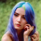 Vibrant blue and green-haired woman posing thoughtfully with blurred background