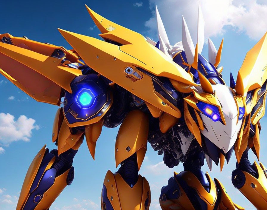 Yellow and White Mecha Robot with Blue Glowing Accents in Bright Blue Sky