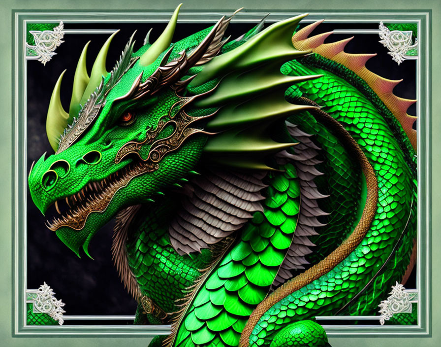 Detailed Green Dragon Artwork on Dark Background with Silver Accents