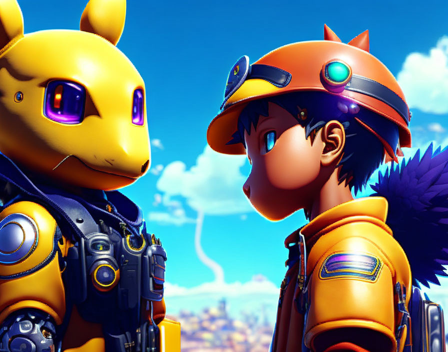 Boy in Orange Suit and Robot-Animal with Golden Armor Stare Under Blue Sky