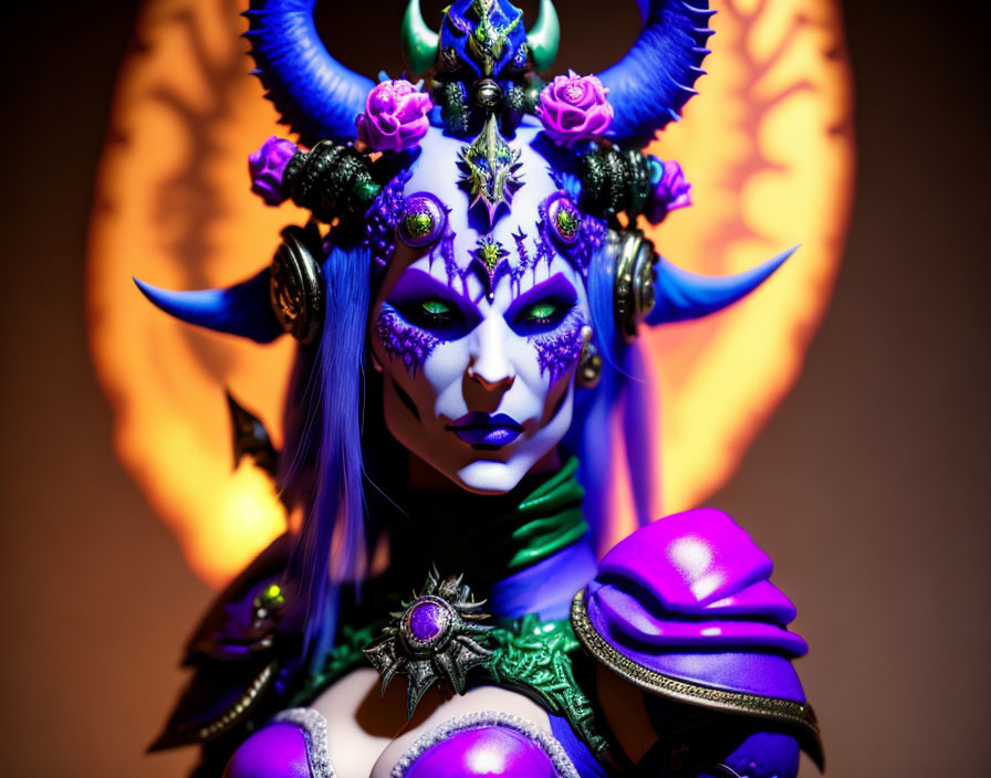 Fantasy figure with purple skin, pointed ears, horned headdress, and elaborate armor in fiery