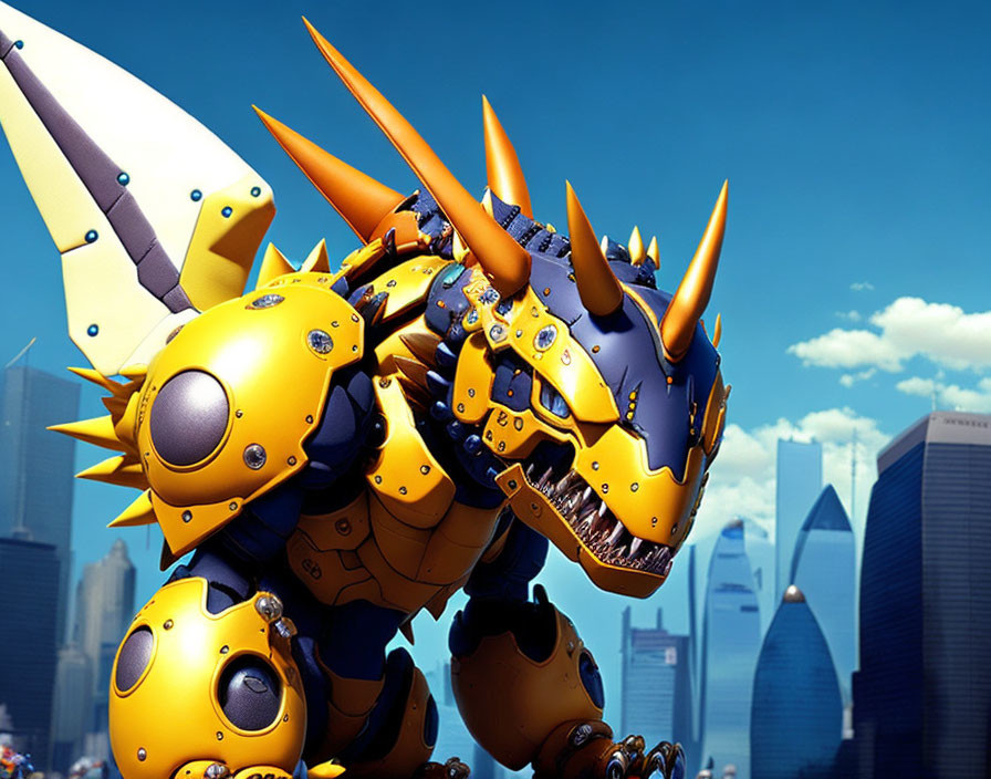 Mechanical dragon artwork in yellow and blue against cityscape and blue skies