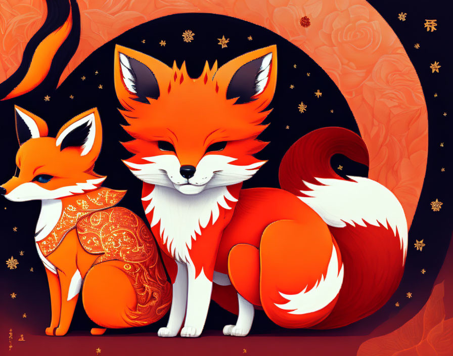 Stylized red fox illustrations with fluffy tails and intricate patterns