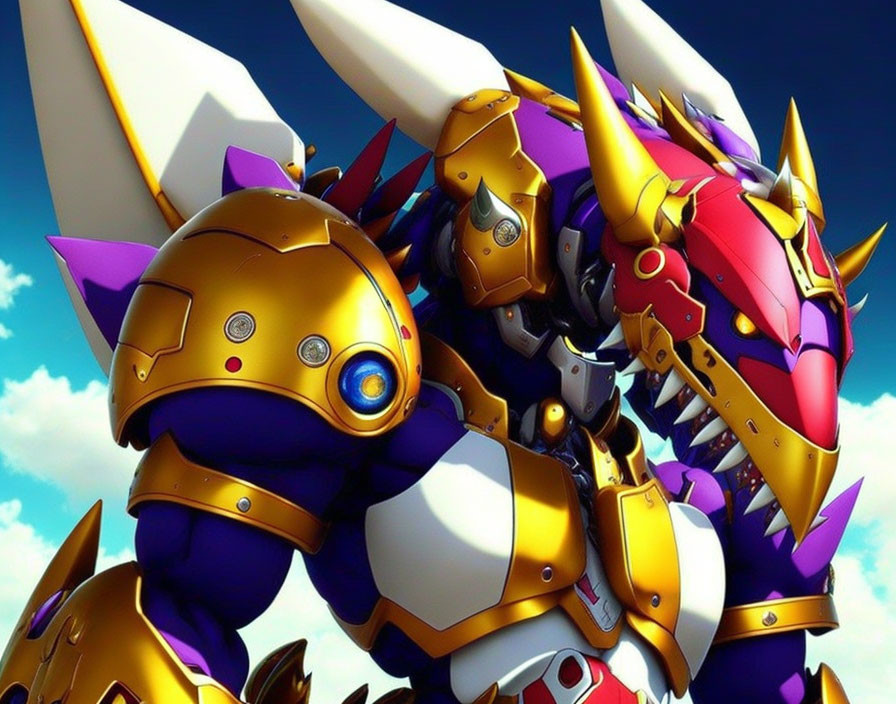 Colorful Stylized Mecha Robot with Gold and Purple Armor and Dragon-Like Aesthetic