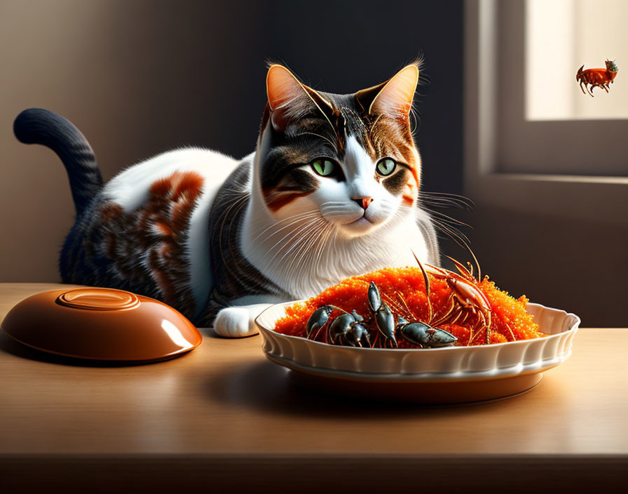 Sly cat eyes plate of spaghetti with mussels under warm light