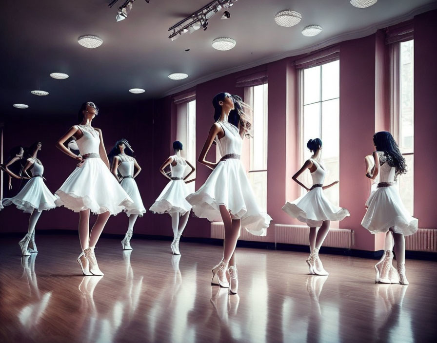 Ballet dancers in white dresses and pointe shoes rehearsing in a studio