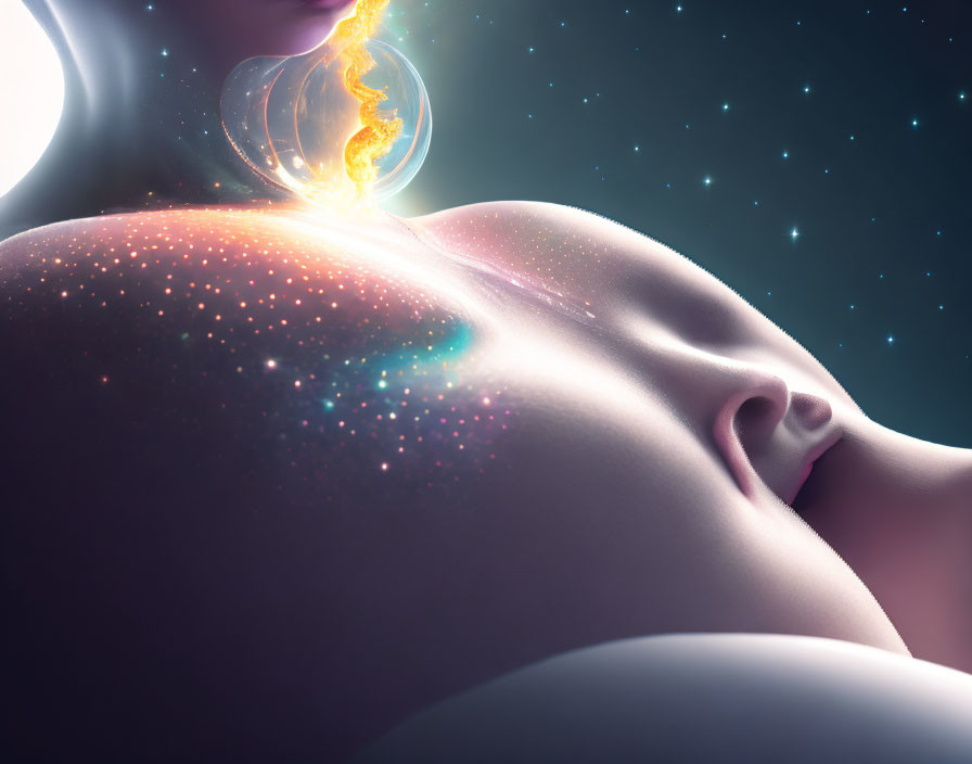 Cosmic-themed digital art: Person profile with glowing stars and particles