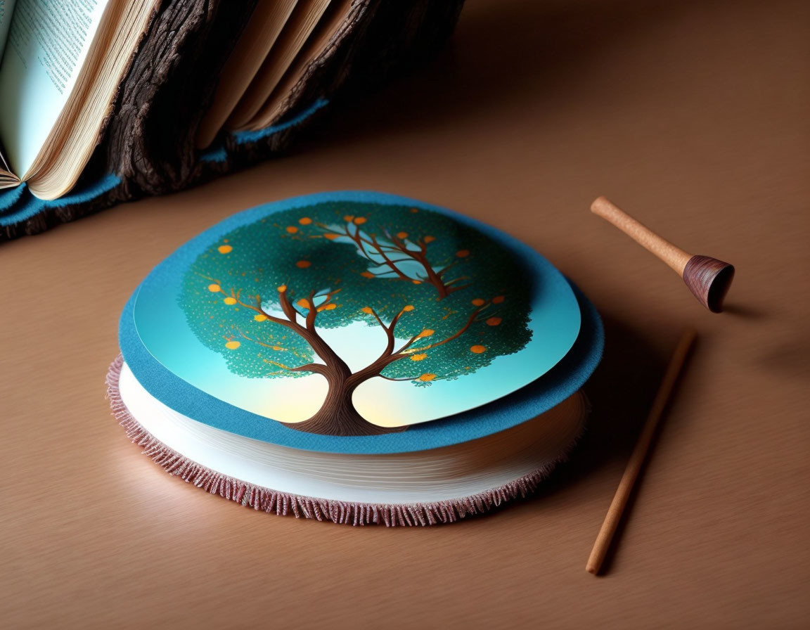 Layered Paper Art: Tree with Blue Sky Background Beside Book and Stylus on Desk