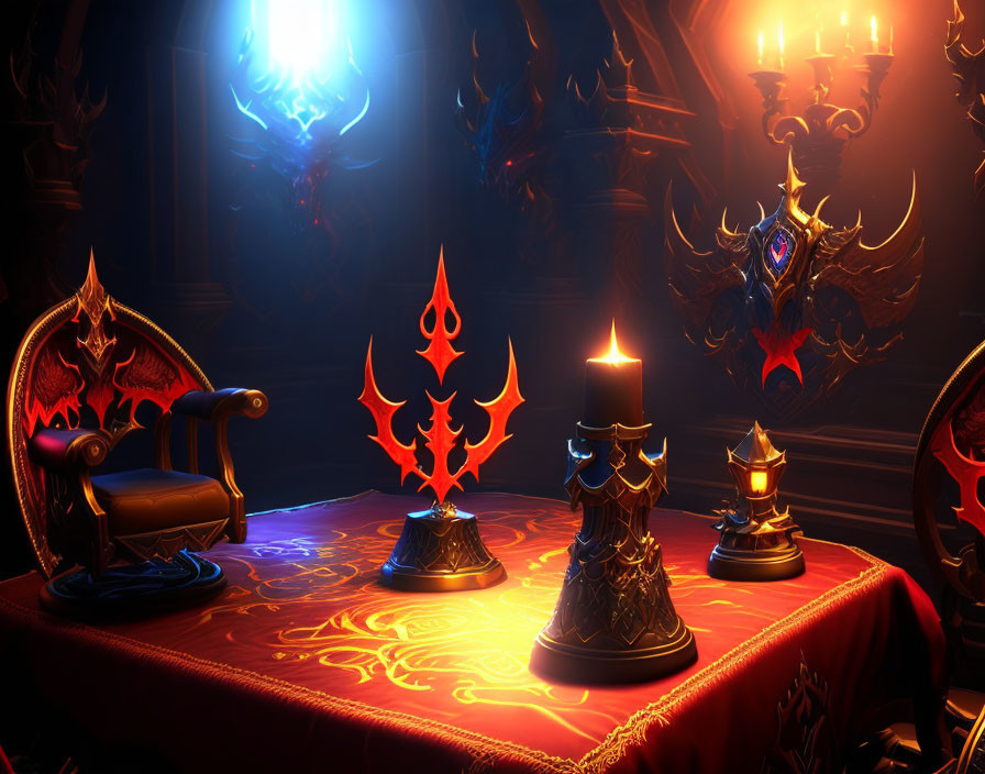 Mystic room with ornate table and glowing artifacts in warm, dim light