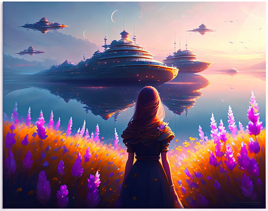 Serene lake with vibrant flowers and floating ships under twilight sky