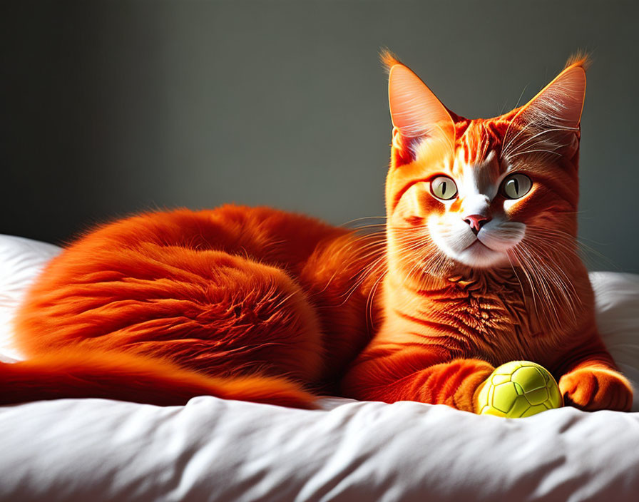 Orange Cat with Striking Eyes and Yellow Ball Toy on White Surface