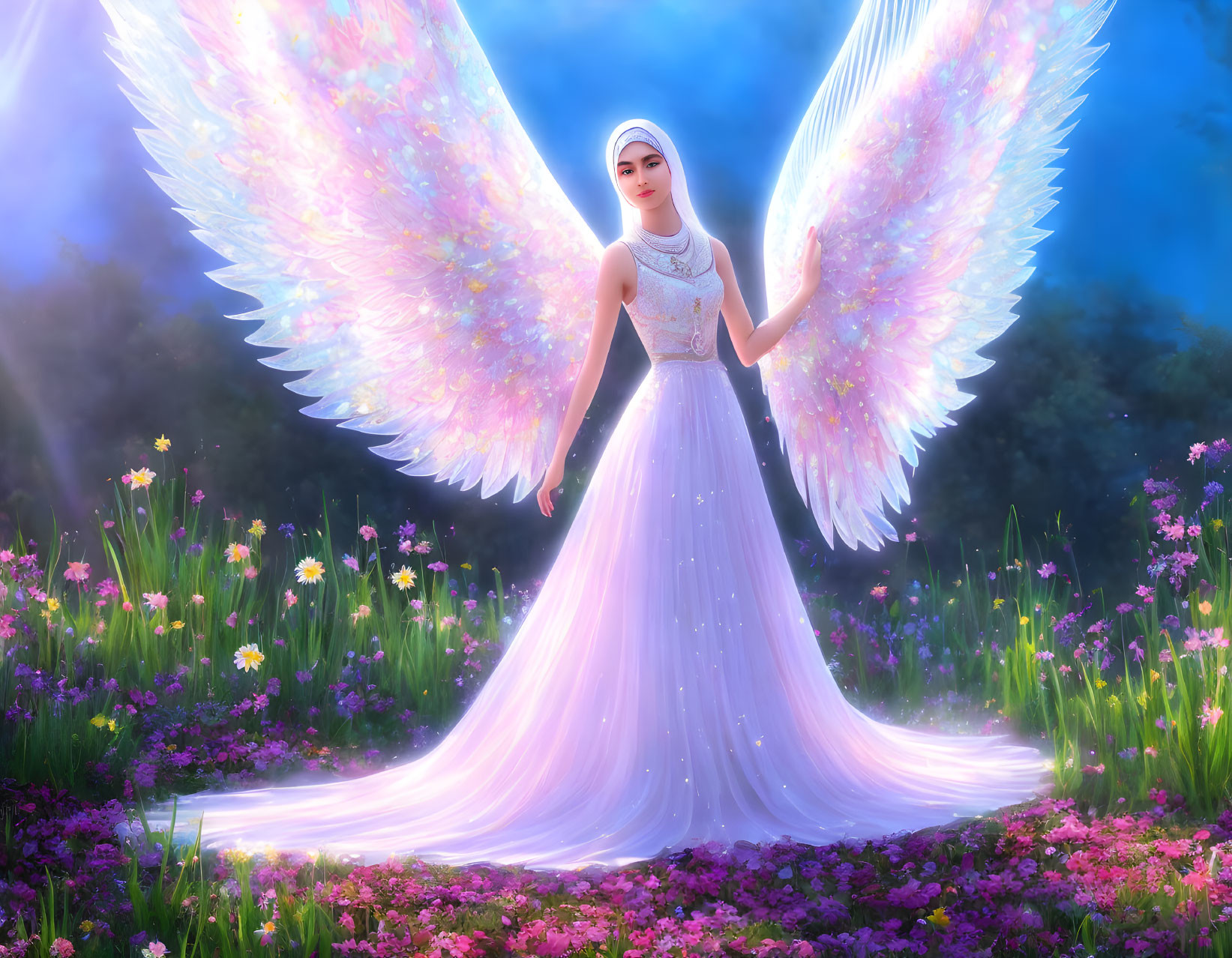 Ethereal animated character with luminescent wings in blossoming field at twilight