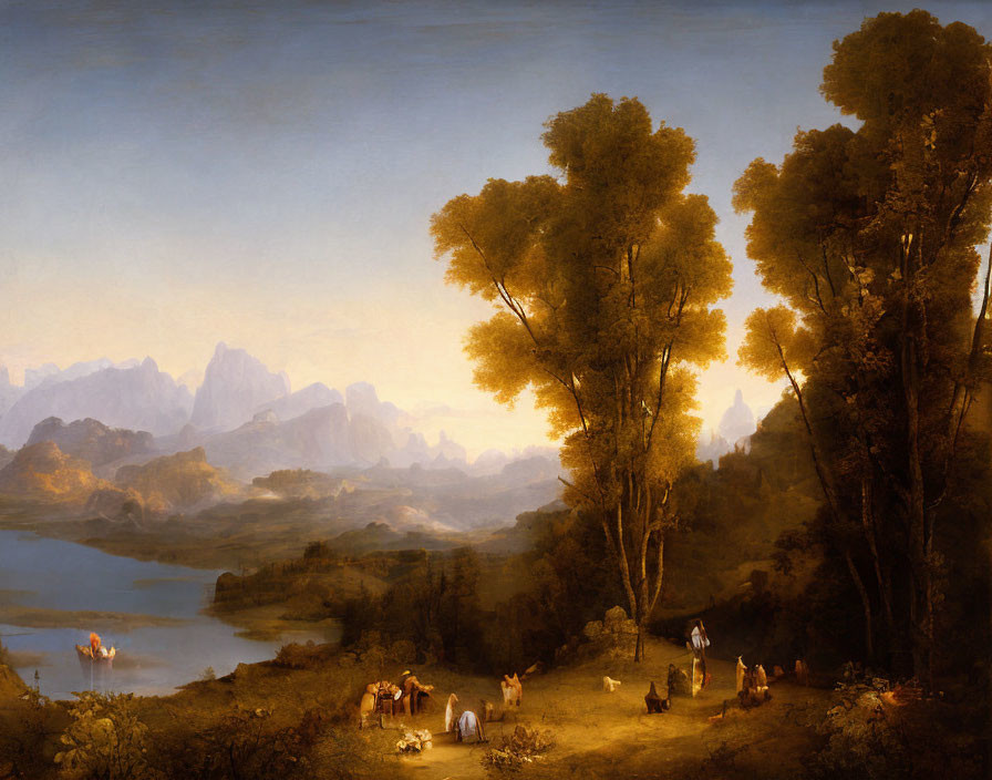 Golden sunrise landscape with lake, trees, and figures