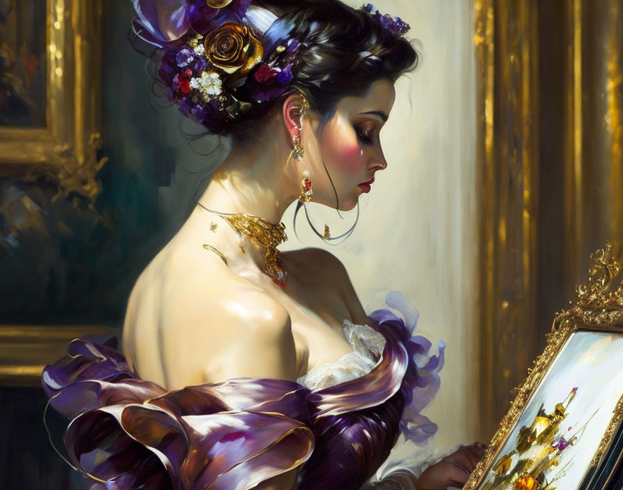 Woman in purple dress with floral updo and gold jewelry beside gilded frame