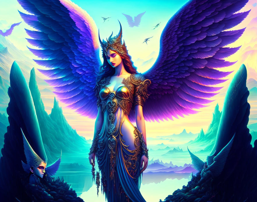 Majestic winged female figure in ornate armor against fantasy landscape