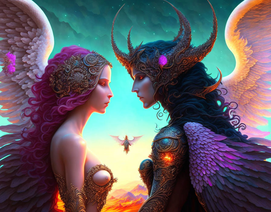 Fantastical characters with elaborate horned headdresses and wings in vibrant colors.