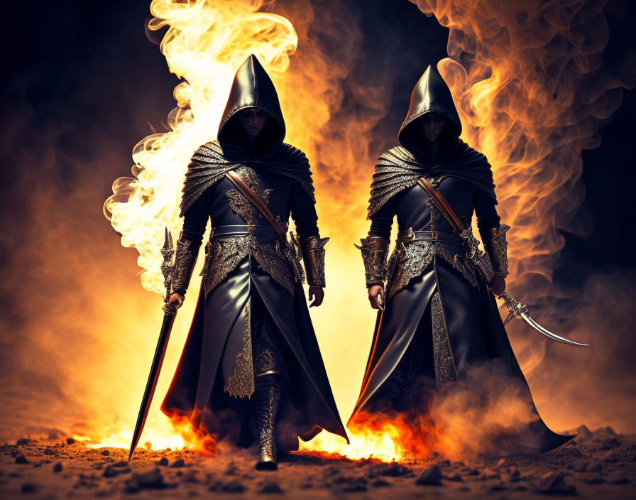 Fantasy warriors in cloaks and armor surrounded by flames and smoke