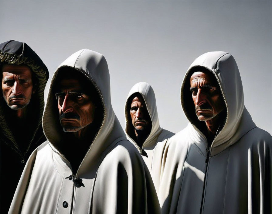 Four hooded figures with expressive faces under strong light on gray background