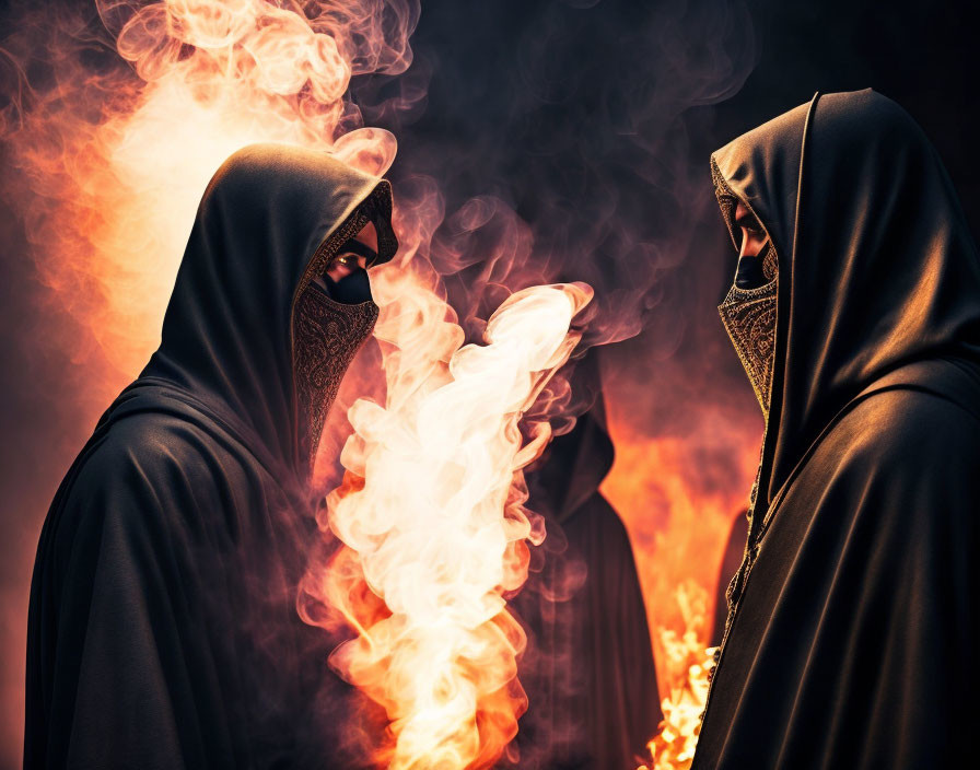 Dark cloaked figures with ornate masks in swirling smoke.