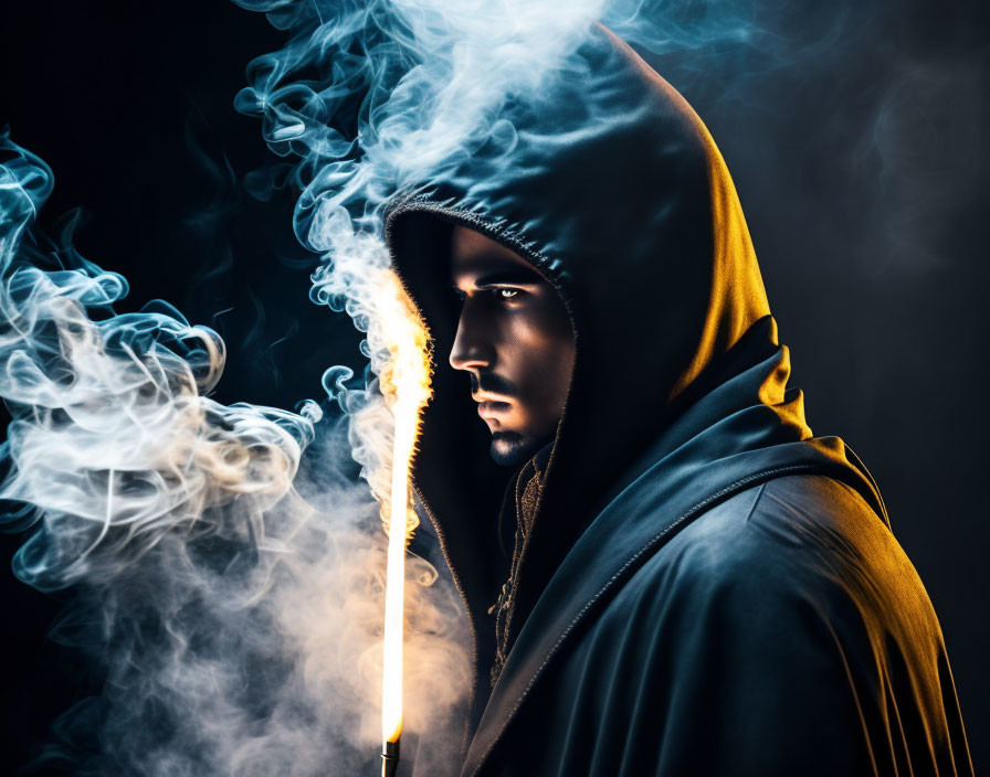 Person in Hooded Jacket Surrounded by Swirling Smoke and Dramatic Lighting