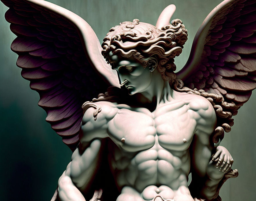 Detailed Sculpture of Muscular Angel with Feathered Wings