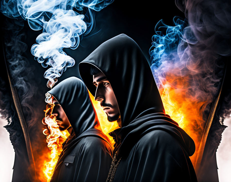 Hooded Figures with Blue and Orange Smoke on Fiery Background