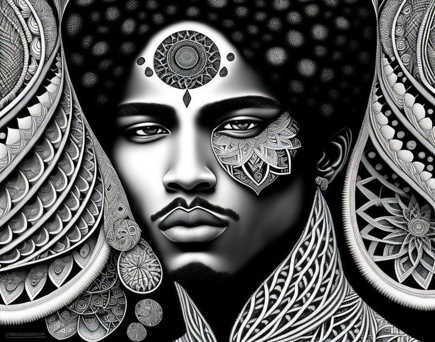 Intricate monochromatic digital art with mandala designs and feather-like motifs