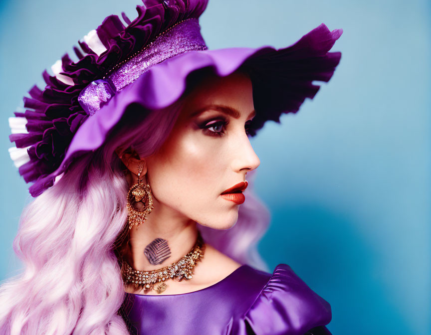 Woman with Purple Wavy Hair and Large Matching Hat on Blue Background