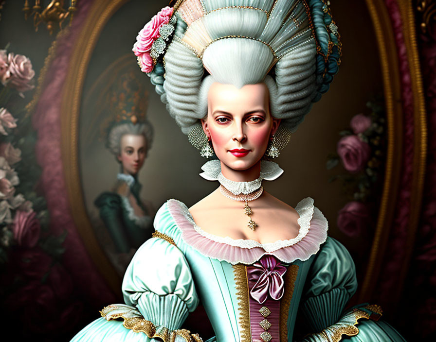 Digital artwork of woman in 18th-century dress with mirror