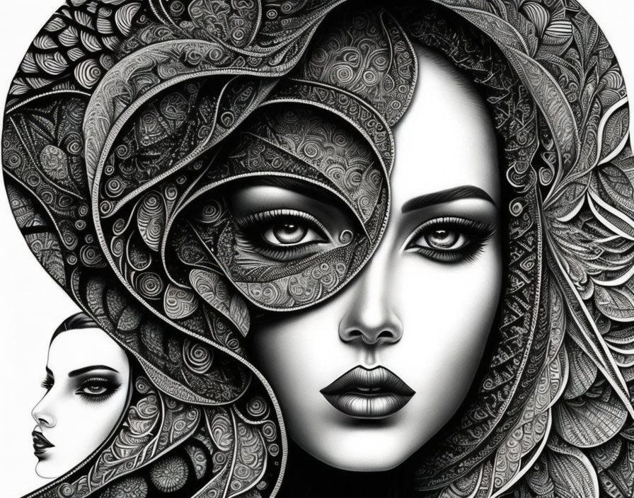 Monochromatic artwork featuring women with intricate paisley and floral patterns.