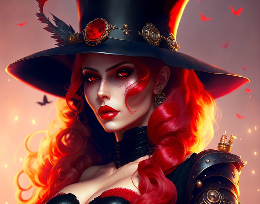 Red-haired woman in black and gold witch hat with fiery butterflies