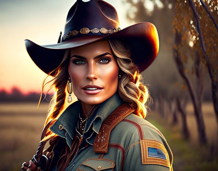 Cowboy-hatted woman with sunset-lit trees.