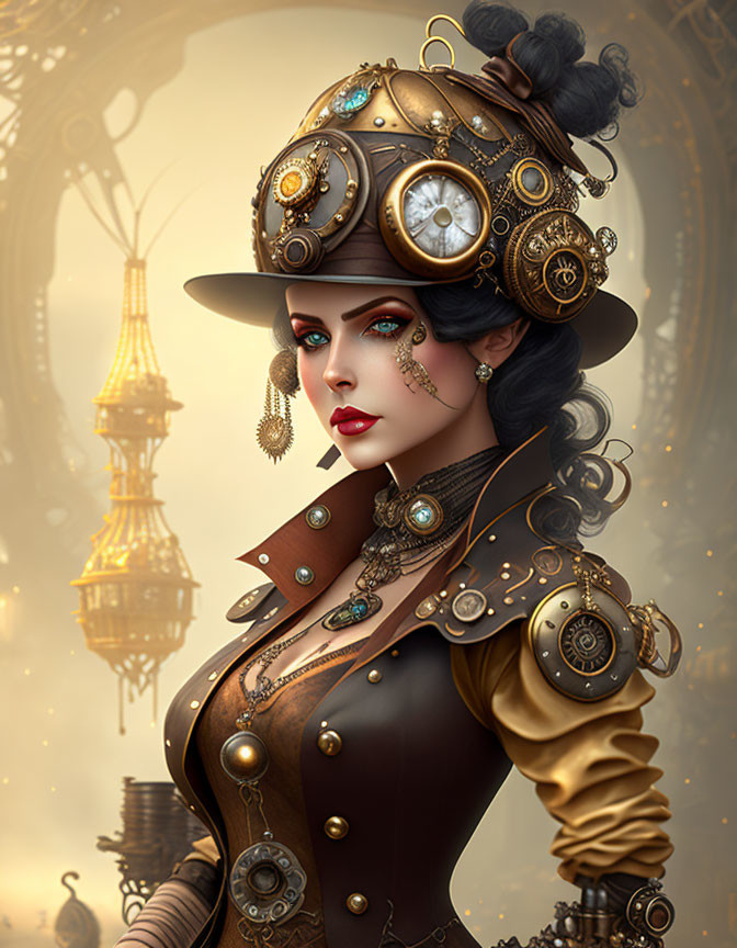 Steampunk-themed woman with top hat and Victorian attire