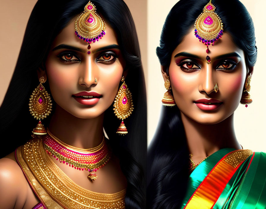 Digital artwork: Two Indian women in traditional attire with jewelry