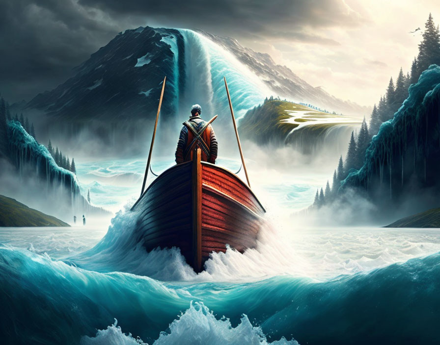 Ancient warrior on boat in surreal landscape with waterfall