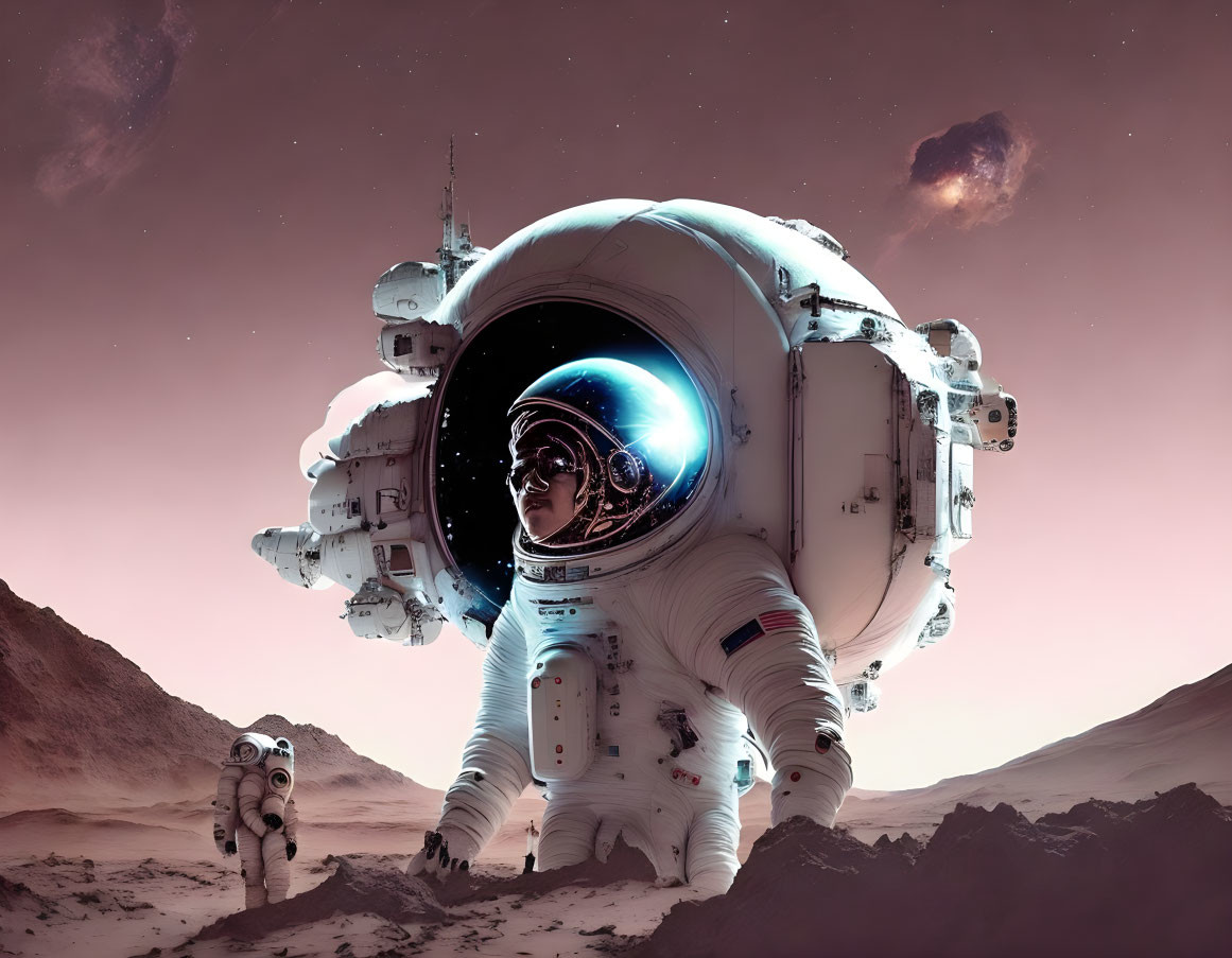 Astronaut and robot explore harsh terrain on alien planet under pink sky