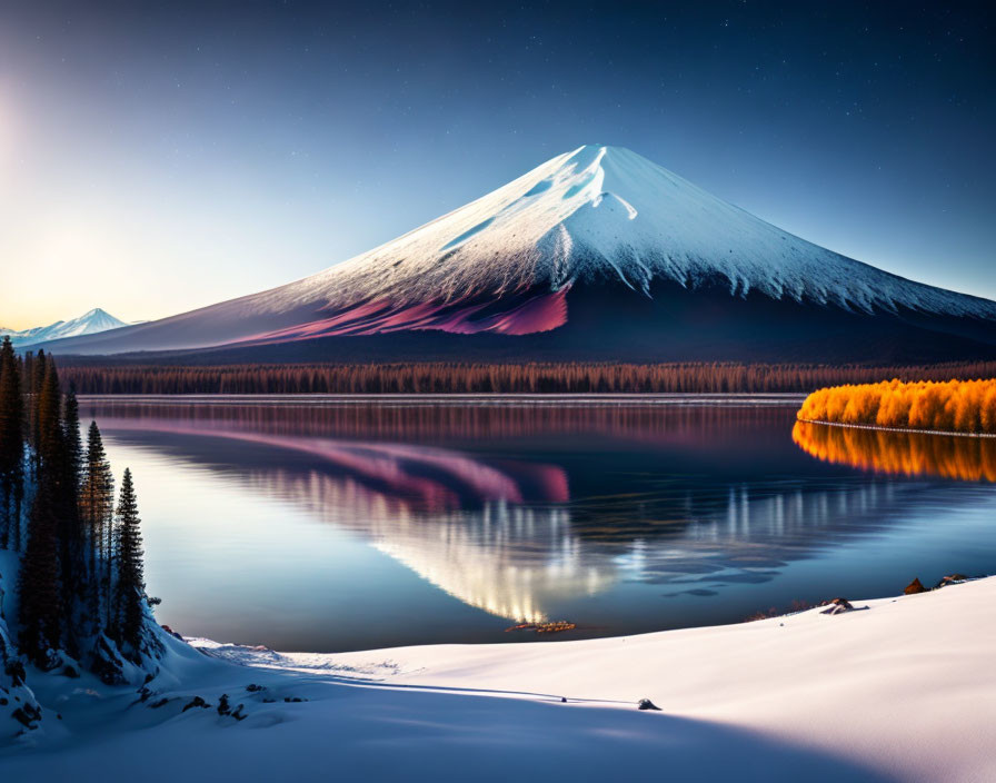 Snow-capped mountain reflected in lake with autumn trees and starry sky